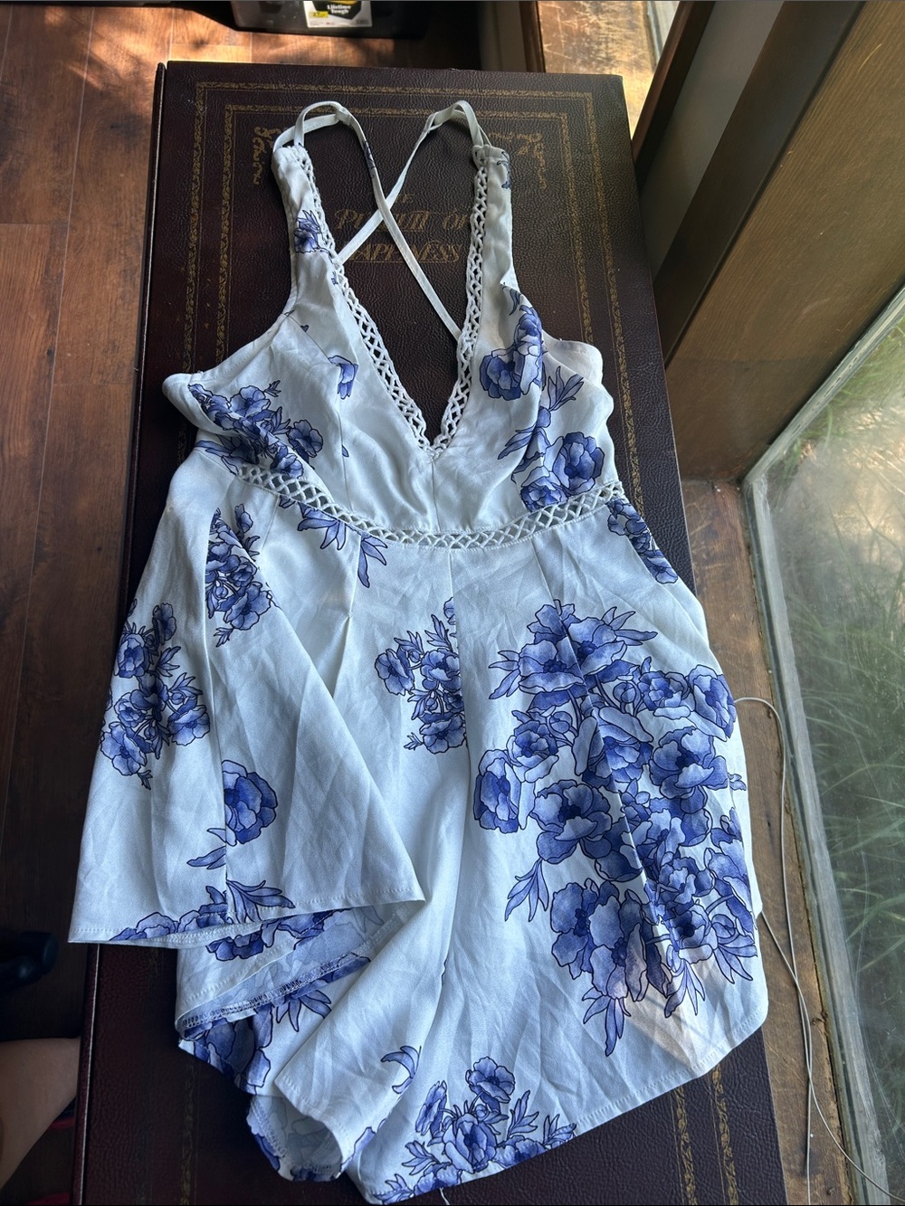 Light Blue Floral V-Neck Romper with Crochet Trim